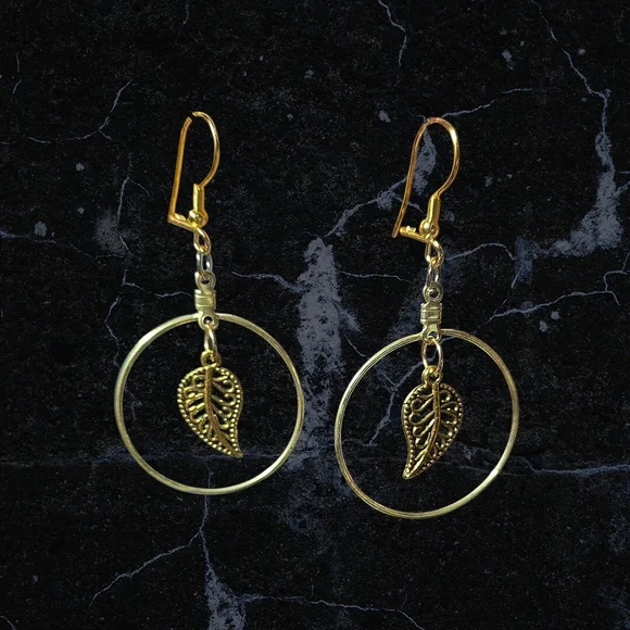 Gold Leaf Hoop Drop Earrings - Handmade Women Jewelry - Picture 1 of 1